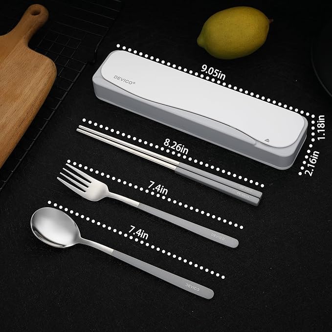 DEVICO Travel Utensils With Case, 18/8 Stainless Steel Camping Utensils, Reusable Portable Silverware Cutlery Set For Lunch Box, Include Fork Spoon Chopsticks