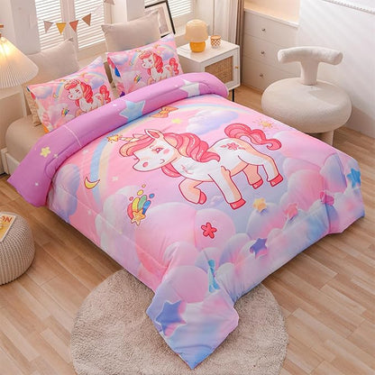 Aimuan Girls Unicorn Comforter Set 3 Pieces Pink Purple Bedding Set with Rainbow Star Galaxy Stars Fantasy Children Room Decor Soft Reversible Bed Sets for Boys/Girls/Teens (Pink Full3Pcs)