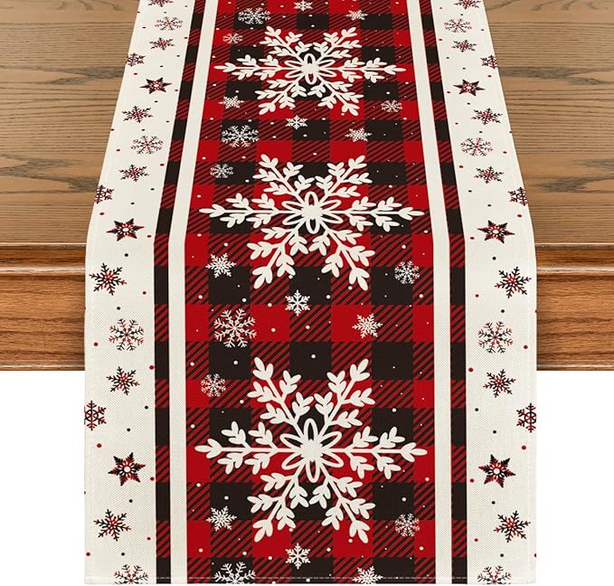 Artoid Mode Buffalo Plaid Snowflakes Christmas Table Runner, Seasonal Winter Kitchen Dining Table Decoration for Home Party Decor 13x36 Inch