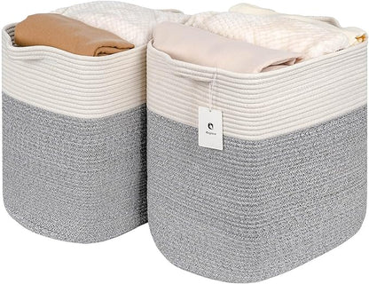 Large Cotton Tall Rectangle Small Laundry hamper Dog Toy Storage Baskets Woven Basket Bins Foldable Medium With Handle Toys and Fabric Storing Storage Silver Gray 2 Pack