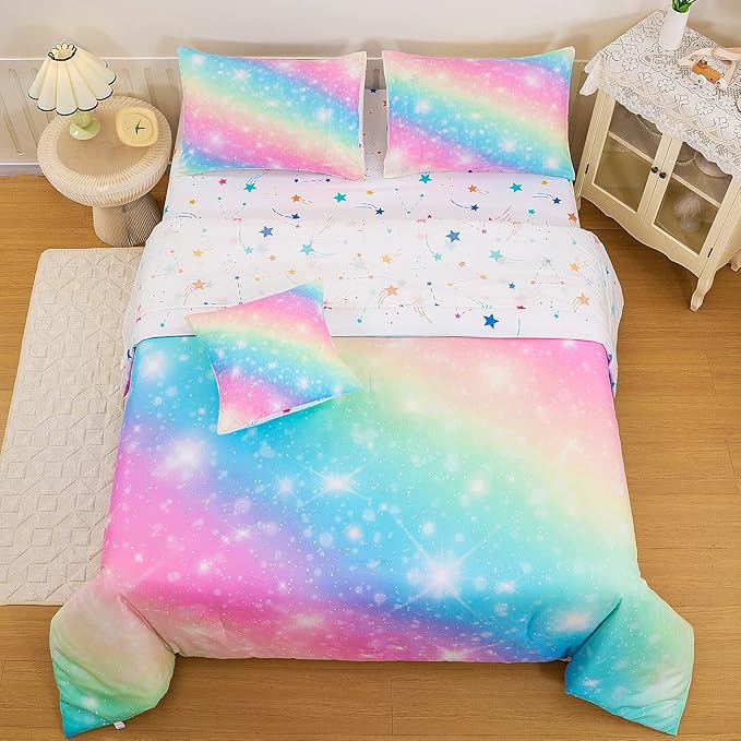 Glitter Galaxy Comforter Set 6 Pcs Bed in A Bag, Ombre Pink Blue Rainbow Girls Full Size Bedding Sets with Sheets
