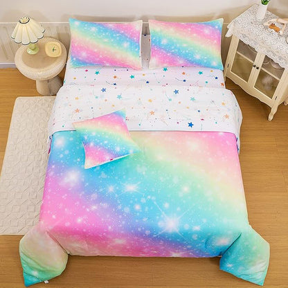 Glitter Galaxy Comforter Set 6 Pcs Bed in A Bag, Ombre Pink Blue Rainbow Girls Full Size Bedding Sets with Sheets