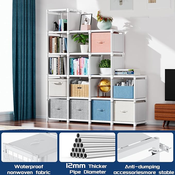 Mavivegue Book Shelf, 16 Cube Storage Organizer, Metal Cube Bookshelf, DIY Bookcase, Tall Book case for Bedroom, Living Room, Office, Closet Storage Organizer, Black Cubicle Storage Rack-White