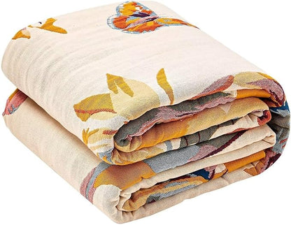 Boho Throw Blanket, 100% Cotton Ultra Soft Luxury Throw Rustic Quilt, 80"x90" Floral Bird Butterfly Farmhouse Decor Bed Blankets, All Season Rustic Reversible Bohemian Throw for Bed - Yellow