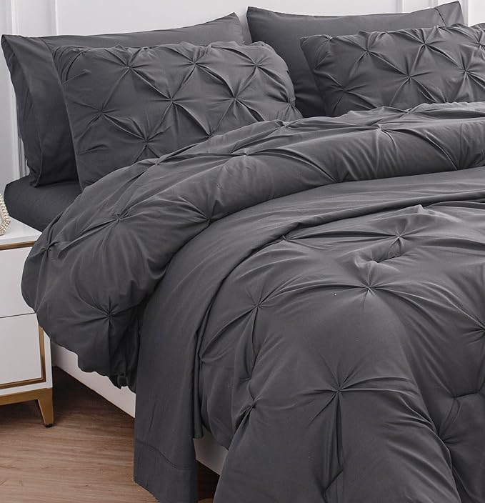 LANE LINEN Queen Size Comforter Set, 7 Piece Bedding Queen Size, Pintuck Comforters Queen Size Bed Set, Soft Queen Bed in a Bag Set, Queen Bed Comforter Set with Sheets, Pillowcases & Shams - Grey