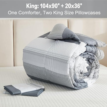 Litanika Comforter King Size Bed Set Light Grey - 3 Pieces Lightweight Bedding Comforter Sets Gray White Colorblock Stripe Fluffy All Season Bed Set
