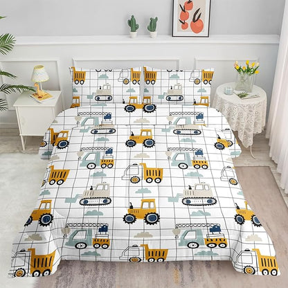 Datura home Construction Truck Set for Boys Kids Children, Machinery Excavators Vehicles Cartoon Tractor Bedding with 1 and 2 Pillowcases(ConstructionTruck Full), Full 80x90inches