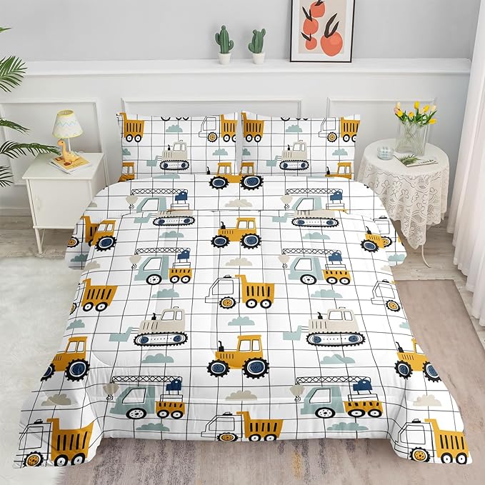 Datura home Construction Truck Comforter Set for Boys Kids Children, Machinery Excavators Vehicles Cartoon Tractor Bedding with 1 and 2 Pillowcases(Construction Queen 90x90inches)