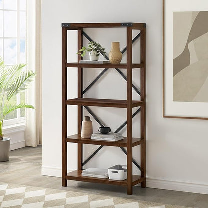 Walker Edison 4 shelves Andersen Urban Industrial Metal X Back Bookshelf, 64 Inch, Dark Walnut
