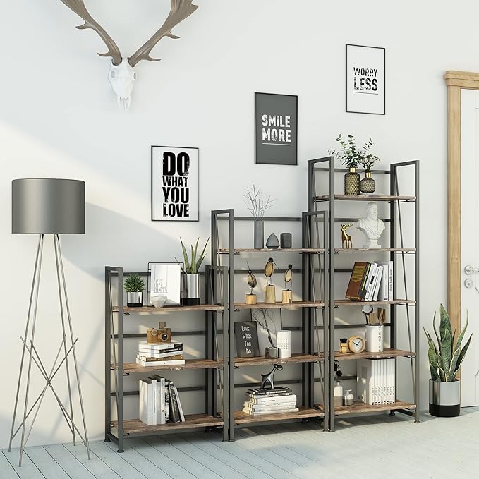 4NM No-Assembly Folding Bookshelf Storage Shelves 5 Tiers Vintage Bookcase Standing Racks Study Organizer Home Office (Rustic Brown and Black)
