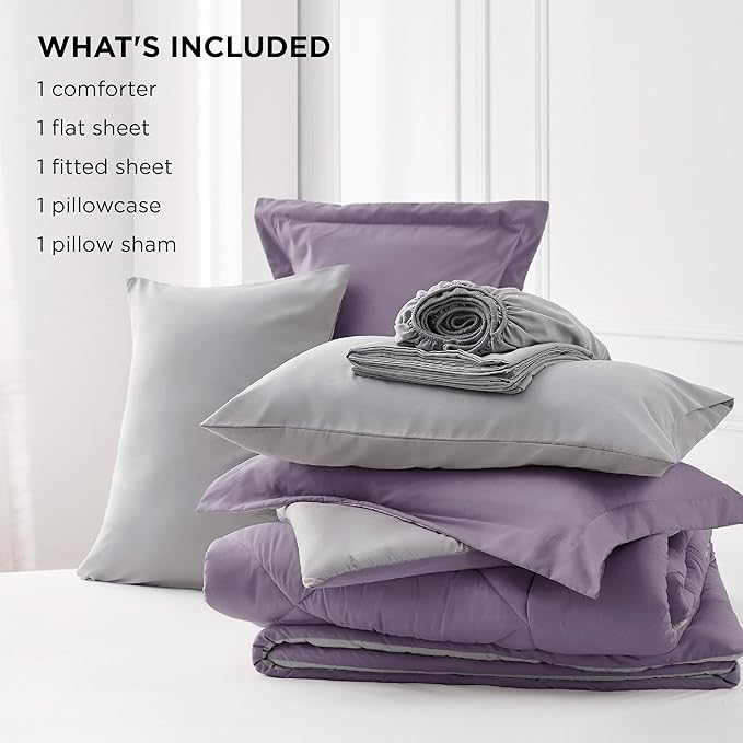 Bedsure Grayish Purple Twin XL Comforter Set - 5 Pieces Reversible Twin XL Bed in a Bag, Twin XL Bed Set Grayish Purple and Grey with Comforters, Sheets, Pillowcase & Sham