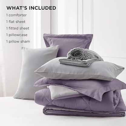 Bedsure Grayish Purple Twin XL Comforter Set - 5 Pieces Reversible Twin XL Bed in a Bag, Twin XL Bed Set Grayish Purple and Grey with Comforters, Sheets, Pillowcase & Sham