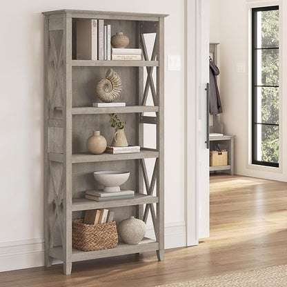 Bush Furniture Key West Tall 5 Shelf Bookcase in Washed Gray