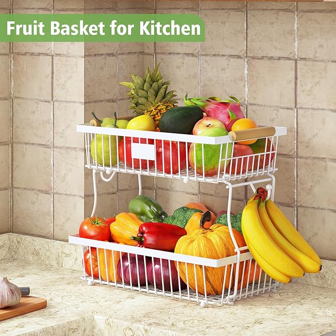 2 Tier Fruit Basket for Kitchen Counter with 2 Banana Hangers, Countertop Metal Fruit Bowl with Wooden Handle, Large Storage Stand for Vegetables, Snacks, Breads, Produce Storage – White