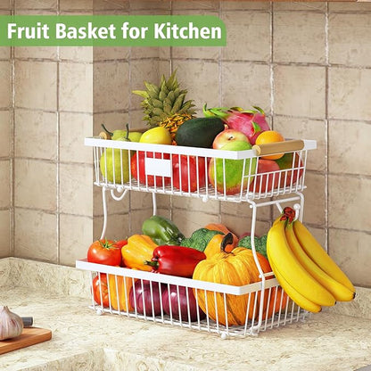 2 Tier Fruit Basket for Kitchen Counter with 2 Banana Hangers, Countertop Metal Fruit Bowl with Wooden Handle, Large Storage Stand for Vegetables, Snacks, Breads, Produce Storage – White