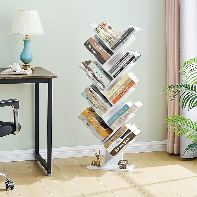 Hoctieon 10 Tier Tree Bookshelf, 10 Shelf Bookcase, Free Standing Tree Bookcase, Display Floor Standing Shelf for Books, Book Shelf Organizer, White