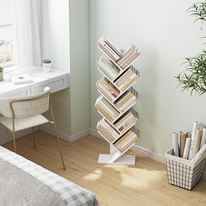 Hoctieon 10 Tier Tree Bookshelf, 10 Shelf Bookcase, Free Standing Tree Bookcase, Display Floor Standing Shelf for Books, Book Shelf Organizer, White