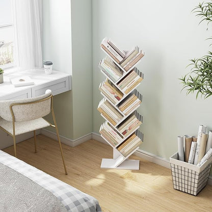 Hoctieon 10 Tier Tree Bookshelf, 10 Shelf Bookcase, Free Standing Tree Bookcase, Display Floor Standing Shelf for Books, Book Shelf Organizer, White