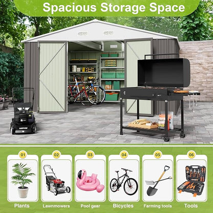 JUMMICO 8 x 10 FT Outdoor Storage Shed, Large Metal Garden Shed & Tool Sheds for Backyard Garden Patio Lawn (Grey)