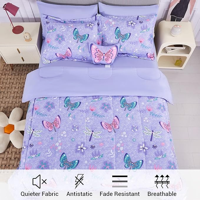 Mooreeke Bed in a Bag for Kids Girls Teens, 8 Pieces Full Size Comforter Bed Set with Shams, Sheet Set and Decorative Toy Pillow, Butterfly Purple Super Soft Microfiber Kids Comforter Bedding Set