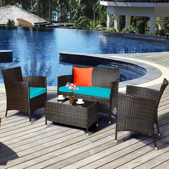 LUARANE 4-Piece Rattan Patio Furniture Set, Outdoor Wicker Sofa Couch Table Set, w/Thick Seat Cushions Tempered Glass Coffee Table, Conversation Set for Lawn Garden Poolside Backyard (Turquoise)