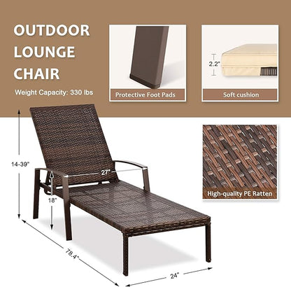 Pamapic 4 Pieces Patio Lounge Chair Set, Patio Chaise Lounges with Thickened Cushion, PE Rattan Steel Frame Pool Lounge Chair Set for Patio Backyard Porch Garden Poolside (Beige)