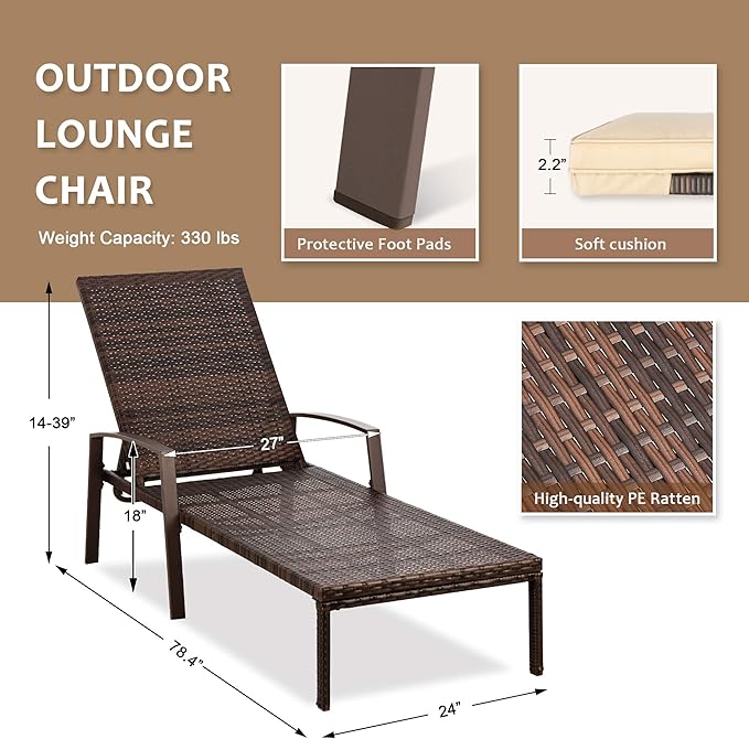 Pamapic Patio Lounge Chair, Patio Chaise Lounges with Thickened Cushion, PE Rattan Steel Frame Pool Lounge Chair Set for Patio Backyard Porch Garden Poolside(Beige)