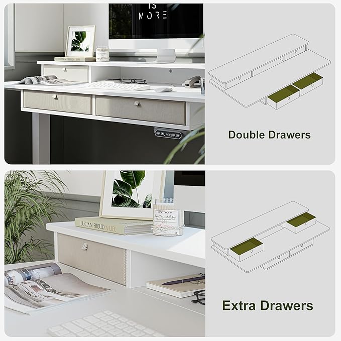 BANTI Height Adjustable Electric Standing Desk with 4 Drawers, 48 x 24 Inch Table with Storage Shelf, Sit Stand Desk, White Top