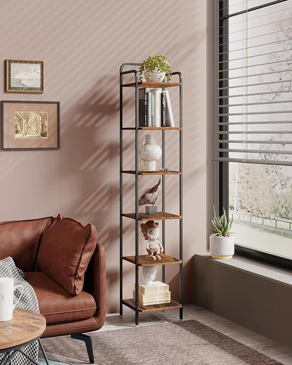 Bookcase Bookshelf, Narrow Book Shelf, Industrial Coner Shelf Storage Organizer, Slim Shelving Unit for Home Office, Living Room, Bedroom, Kitchen, 6-Tier Rustic Brown BC24601B