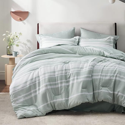 Bedsure Bed in a Bag King Size 7 Pieces, Sage Green White Striped Bedding Comforter Sets All Season Bed Set, 2 Pillow Shams, Flat Sheet, Fitted Sheet and 2 Pillowcases