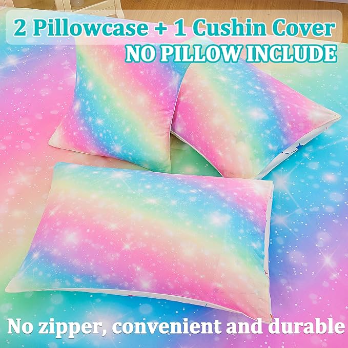 Glitter Galaxy Comforter Set 6 Pcs Bed in A Bag, Ombre Pink Blue Rainbow Girls Full Size Bedding Sets with Sheets