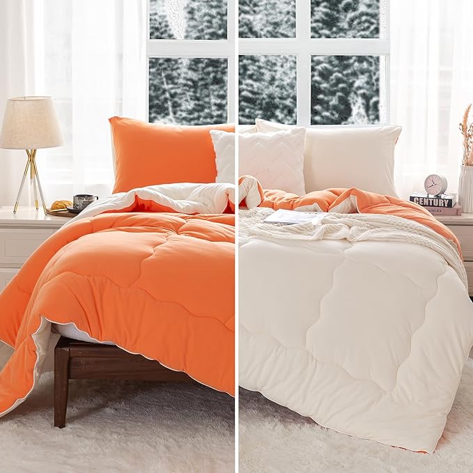 COTTEBED Warm Reversible Ultra-Soft Burnt Orange and Beige Comforter Set Queen, Breathable Fluffy Bedding Down Comforters Sets &2 Pillowshams for Women Girls Winter, Full/Queen Size Bed