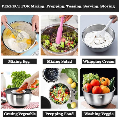 Wildone Mixing Bowls with Airtight Lids, Stainless Steel Mixing Bowls Set | Metal Bowls with 3 Grater Attachments & Non-Slip Bottoms, Size 5, 4, 3, 2,1.5, 0.63QT, Includes Utensil Set for Prep, Black