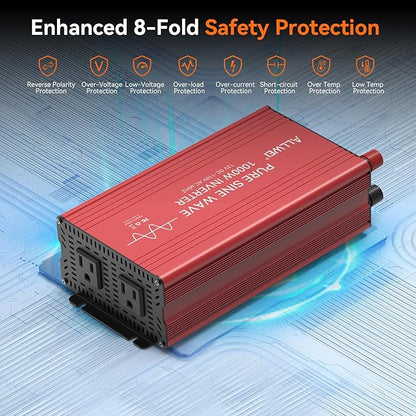 ALLWEI Pure Sine Wave Inverter - 1000 Watt Inverters 12V DC to 110V/120V AC Converter for Home, RV, Truck, Off-Grid Solar, Car Power Inverter with 2 Sockets, Power Inverters for Vehicles, 2000W Peak