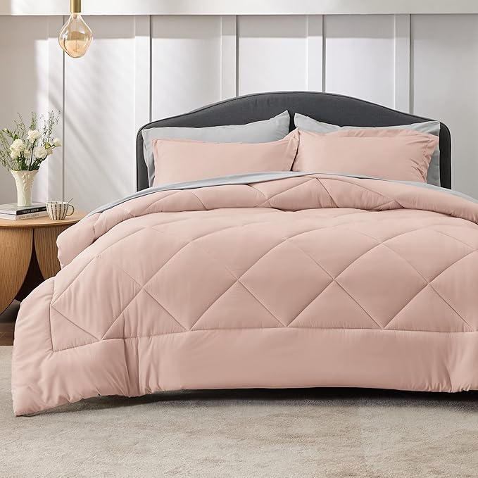 Bedsure Blush Pink King Size Comforter Set - 7 Pieces Reversible King Bed in a Bag King Bed Set with Comforters, Sheets, Pillowcases & Shams, King Bedding Sets