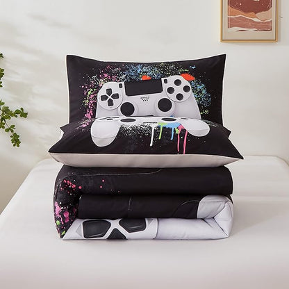 Gamer Bedding Sets for Boys, Full Size 3-Piece Gaming Comforter Sets for Kids Teens, Soft Microfiber Video Game Bedding Sets for Game Lovers, 1 Comforter and 2 Pillowcase(White,Full)
