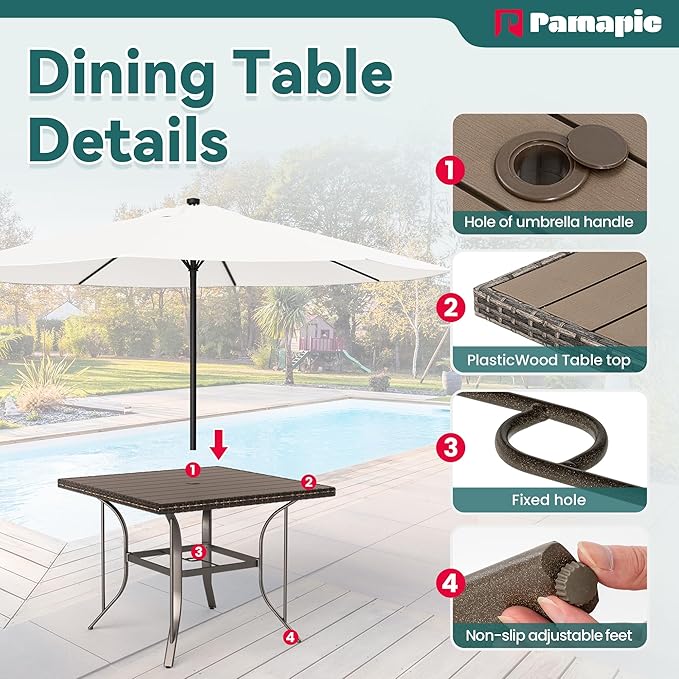 Pamapic 5 Pieces Patio Dining Set, Outdoor Table and Chairs for Garden Backyard Poolside Deck,Outdoor Furniture Set with Square Plastic-Wood Table Top,4 Textilene Chairs,Gray