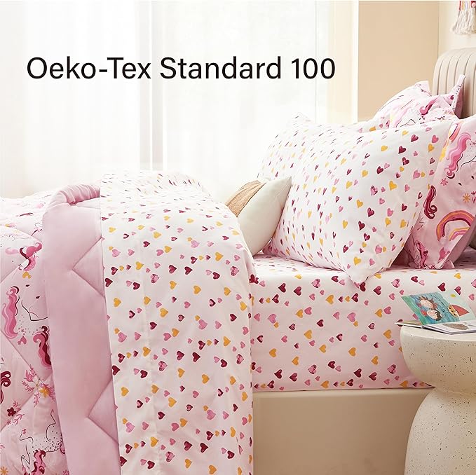Twin Unicorn Kids Bedding Set for Girls, 7 Pieces Super Soft Lightweight Microfiber Comforter Set with Sheets, Bed in a Bag, Durable Children Bed Set