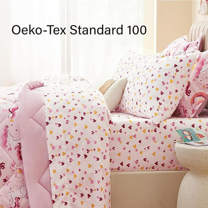 Twin Unicorn Kids Bedding Set for Girls, 7 Pieces Super Soft Lightweight Microfiber Comforter Set with Sheets, Bed in a Bag, Durable Children Bed Set