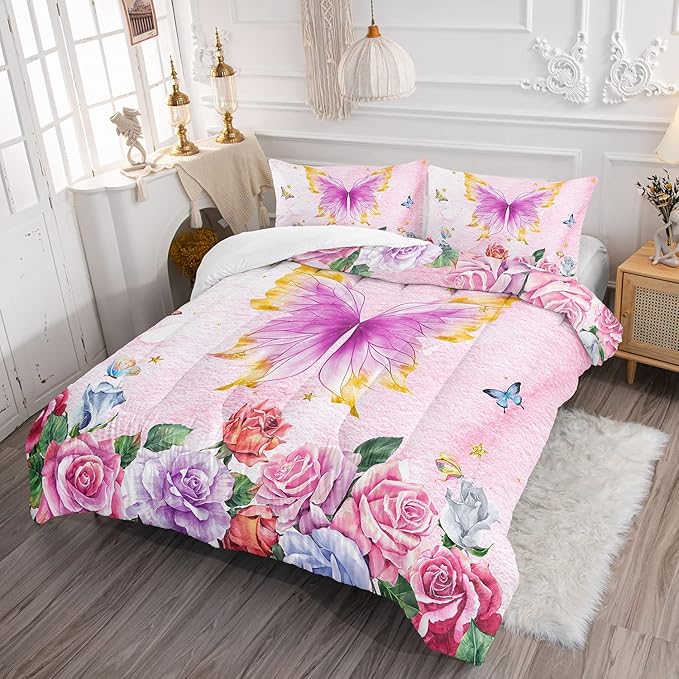 Butterfly Comforter Set for Girls Kids Adults Butterfly Rose Bedding Set Aesthetics Butterflies Quilt Duvet Set Queen Size with 1 Comforter and 2 Pillowcases