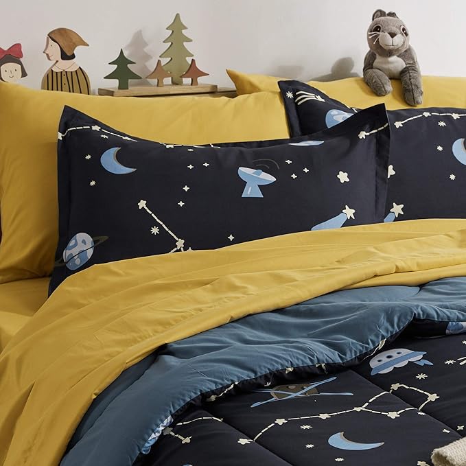 SLEEP ZONE Kids Bedding Comforter Set Full/Queen Size - Super Soft & Cute Printed 3-Piece Comforter Set All Seasons for Boys, Girls, Fade Resistant, Machine Washable, Blue Galaxy