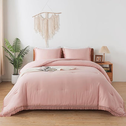 Andency Pink Comforter Set Full Size for Girls, Blush Boho Women Tassel Lightweight Bedding Comforter Sets, 3 Pieces All Season Soft Fluffy Fringe Bed Set (79x90In Comforter & 2 Pillowcases)