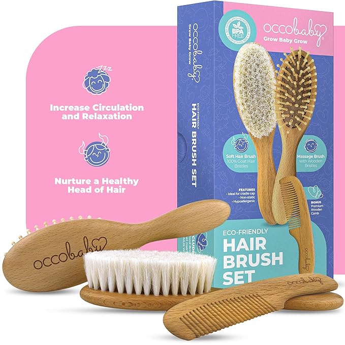 OCCObaby Wooden Baby Hairbrush Set for Newborns & Toddlers - Baby Comb for Cradle Cap - Baby Comb and Brush Set for Baby Grooming - Baby Scalp Brush for Cradle Cap - Toddler Comb