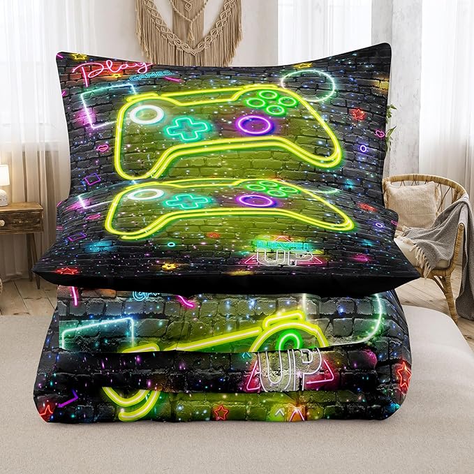 NINENINE Gamer Bedding Sets Twin Comforter Sets for Boys 5PCS,Twin Bedding Sets for Boys,Kids Comforter Sets Boys(1Comforter, 1Flat Sheet, 1Fitted Sheet, 2Pillowcases)
