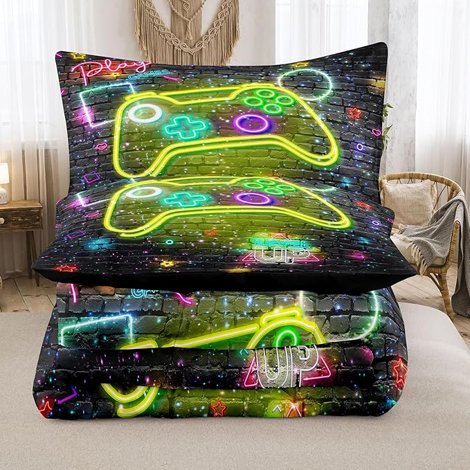 NINENINE Gaming Bedding 5PCS Queen Size Comforter Sets for Boys,Gamer Bedding Sets for Boys,Gampad Black Comforter Sheet Set(1Comforter, 1Flat Sheet, 1Fitted Sheet, 2Pillowcases)…