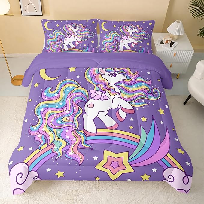 Unicorn Comforter King Size,Rainbow Unicorn Comforter Set for Kids Teens Girls,3Pcs Bedding Set Printed Comforter with 2 Pillowcases,Down Alternative,Soft and Lightweight(Purple，King Size)