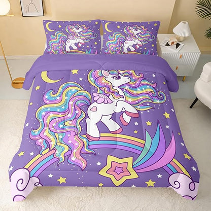 Unicorn Comforter Twin Size,Rainbow Unicorn Comforter Set for Kids Teens Girls,3Pcs Bedding Set Printed Comforter with 2 Pillowcases,Down Alternative,Soft and Lightweight(Purple，Twin Size)