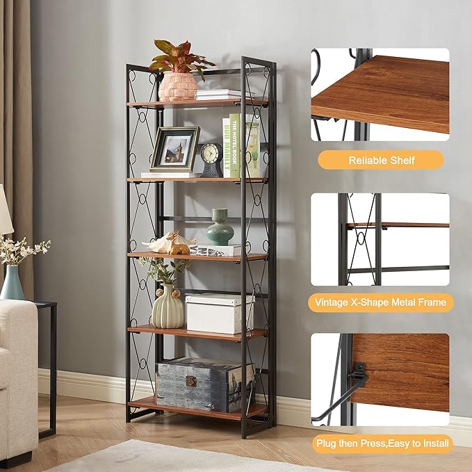 VECELO Folding Bookshelf,5 Tier Bookcase Foldable Easy Assembly, Industrial Book Shelf Storage Organizer with X Metal Frame and Anti-Toppling Design,