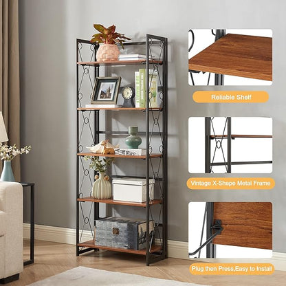 VECELO Folding Bookshelf,5 Tier Bookcase Foldable Easy Assembly, Industrial Book Shelf Storage Organizer with X Metal Frame and Anti-Toppling Design,