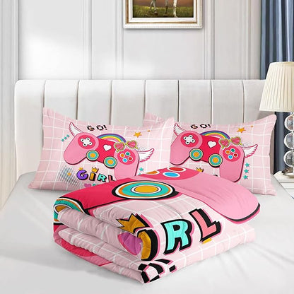 Datura home Bedding Comforter Set Pink Gamepad Printed Pattern Quilt with 1 and 2 Pillowcases for Girls Bedroom All Season(Pink Queen) Queen 90x90inches